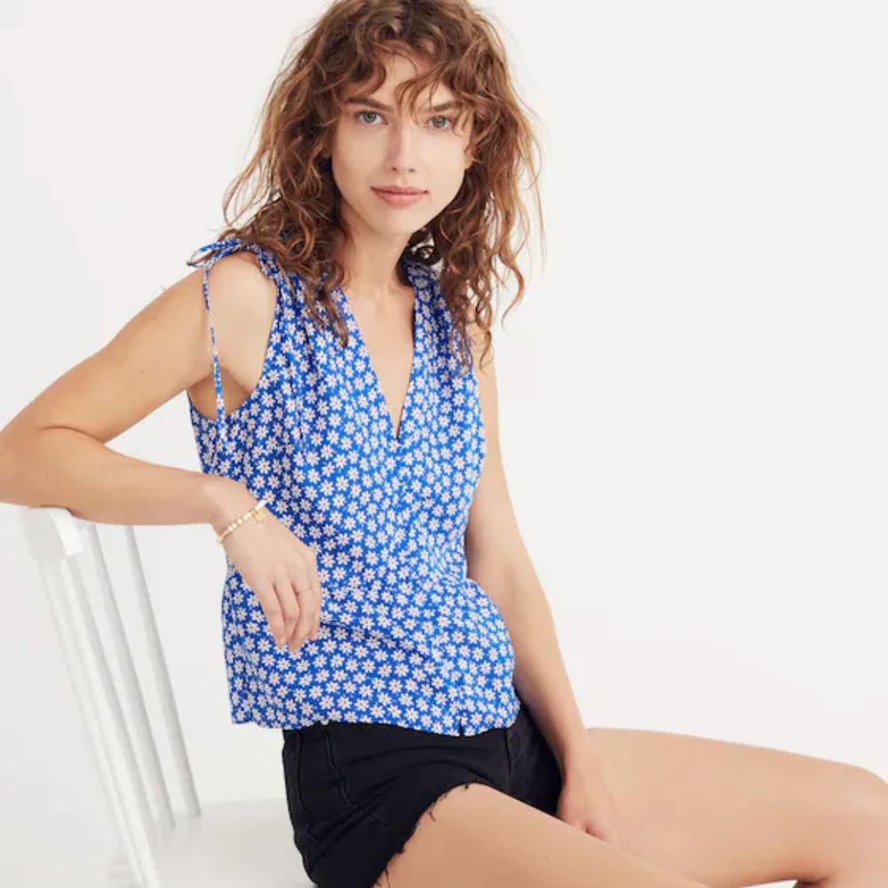Madewell Blue and White Floral Wrap Top